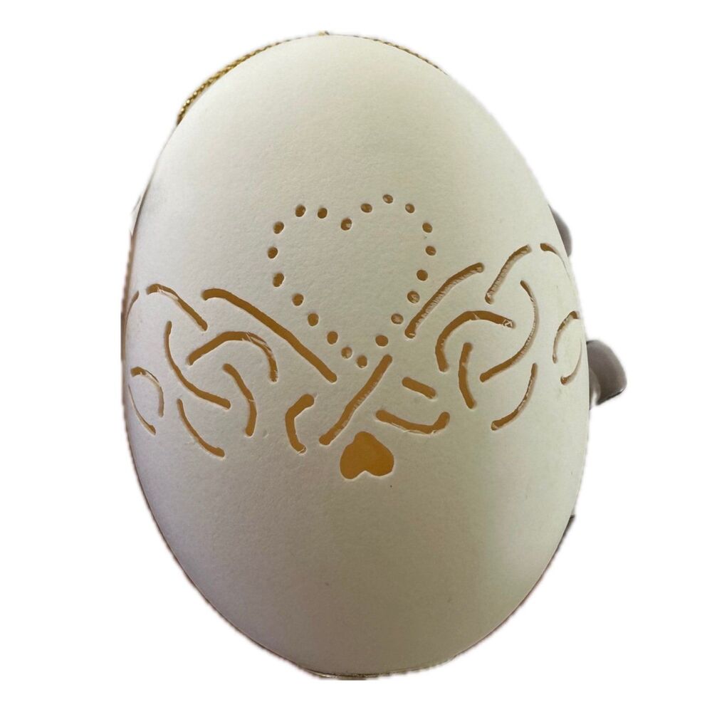 Hand-Carved Heart Real Goose Egg Shell Christmas Easter Ornament Gold Hardware